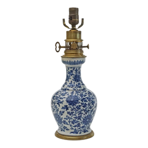 Antique French Gagneau Table Lamp Bronze-Mounted Blue and White Porcelain Converted Oil Lamp
