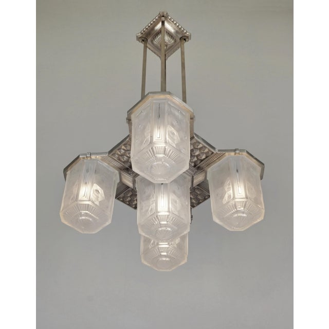 Hettier & Vincent Hettier & Vincent French Art Deco Chandelier 1930s - Geometric Glass & Nickeled Bronze For Sale - Image 4 of 13