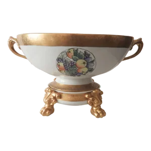1900s Antique J. P. Limoges Nippon Art Deco Fruit Punch Bowl With Gold Gilt Pedestal Champagne Bucket