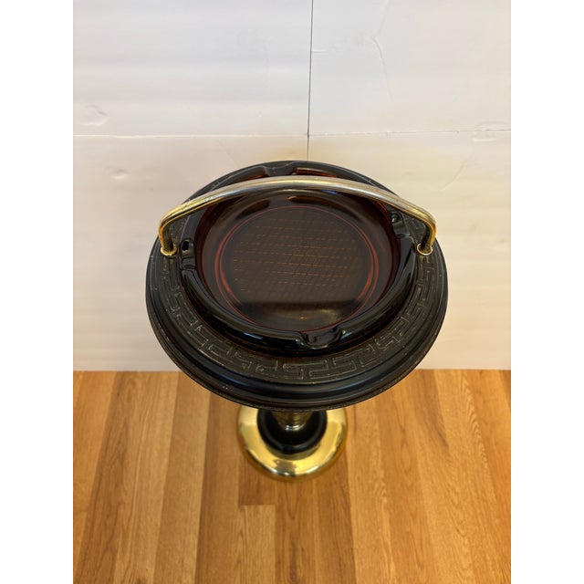 Mid-Century Modern 1970s Mid-Century Modern Brass and Faux Leather Floor Standing Ashtray With Amber Glass Insert For Sale - Image 3 of 5