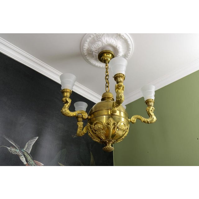 Art Deco Bronze and Frosted Glass Chandelier, 1920 For Sale - Image 9 of 18