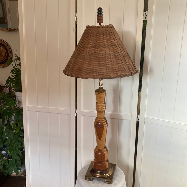 1970s Artist Signed Mid-Century Modern Hand-Turned Marquetry Wood Lamp For Sale - Image 11 of 12