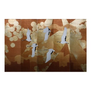 3d Gilded Paper ----Crane---Hand-Painted Chinoiserie Wallpaper Panels--- Custom Wallpaper Available For Sale