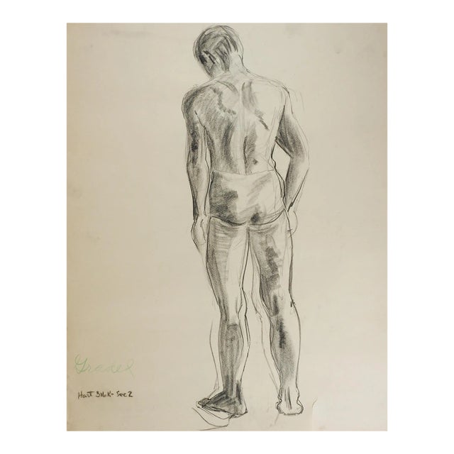 Vintage 1950s Charcoal Standing Male Figure Study Drawing For Sale