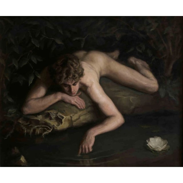 Oil painting of lying man looking for his reflection in the water. Realized by Marco Fariello in 2024. This painting is...