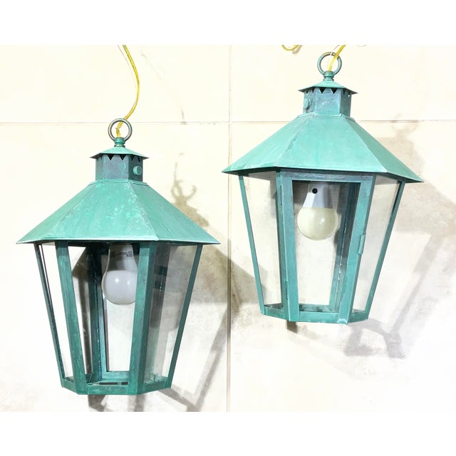 Hand-Crafted Vintage Solid Brass Hexagonal Hanging Lanterns, Usa For Sale - Image 14 of 16