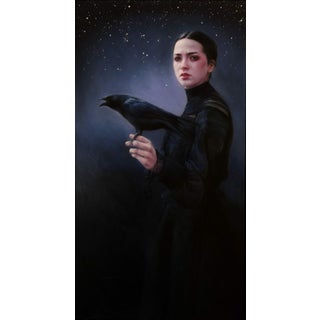 Their Song Welcomed the Night by Sara Scribner | Oil on Aluminum Portrait of a Woman with a Raven For Sale
