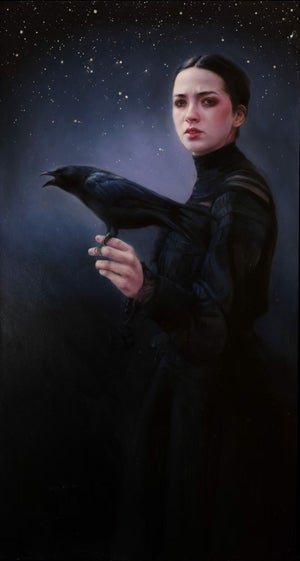 Their Song Welcomed the Night by Sara Scribner | Oil on Aluminum Portrait of a Woman with a Raven