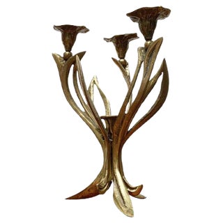 Vintage Brutalist Floral Metal Candleholder For Sale