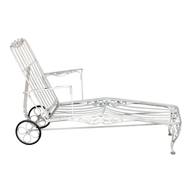 Hollywood Regency Antique Garden Chaise Lounge in Iron W/ Wheels. Attributed to John Salterini For Sale - Image 3 of 11