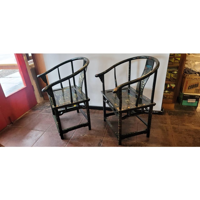 Wood Chinese Horseshoe Chairs Black Lacquer Hand Painted Pair For Sale - Image 7 of 13