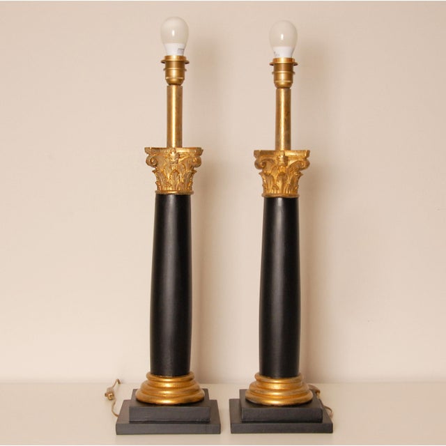 Vintage Italian Table Lamps Corinthian Column Lamps Black Gold Wood Hand Carved - A Pair For Sale - Image 6 of 9