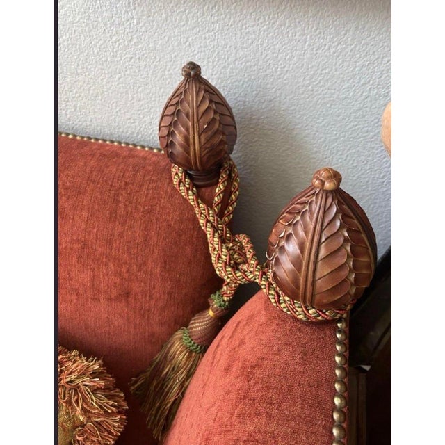 Vintage Rust Red Wingback Settee Sofa With Nailhead Trim & Carved Finials For Sale - Image 4 of 12