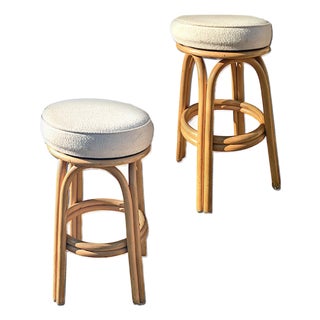 Rattan Double Strand Arched Barstool With Ivory Upholstered Plush Seat, Pair For Sale