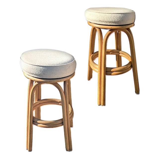 Rattan Double Strand Arched Barstool With Ivory Upholstered Plush Seat, Pair For Sale