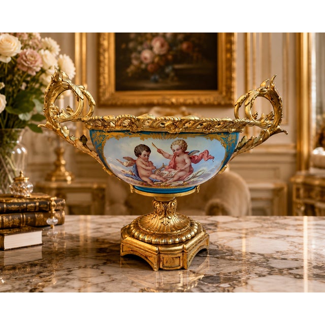 Exceptional late 19th-century French Sevres-style centerpiece featuring a richly colored bleu céleste porcelain bowl...