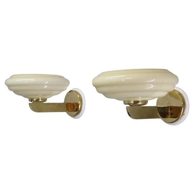 Vintage Art Deco Brass Wall Lights with Opaline Glass Shades, 1940s, Set of 2 For Sale - Image 17 of 17