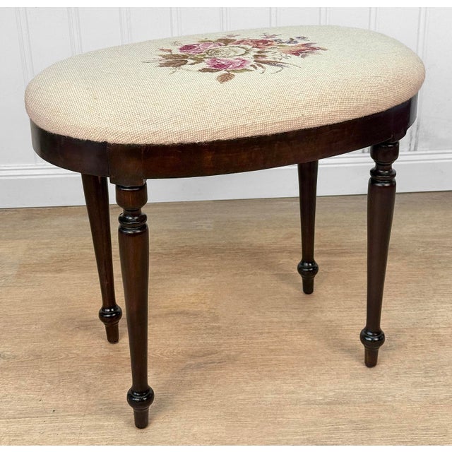 Victorian Antique Traditional Mahogany Floral Needlepoint Oval Vanity Seat Stool For Sale - Image 3 of 10
