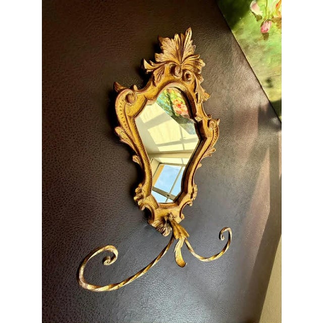 1950s Italian Florentine Rococo Vintage Gilded Wood Wall Mirror With Metal Towel Holder For Sale In Los Angeles - Image 6 of 10