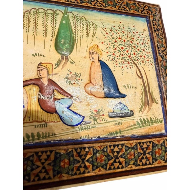 Wood Mid-Century Persian Khatam Kari Inlaid Marquetry Cigarette Box With Hand-Painted Miniature Scene For Sale - Image 7 of 9