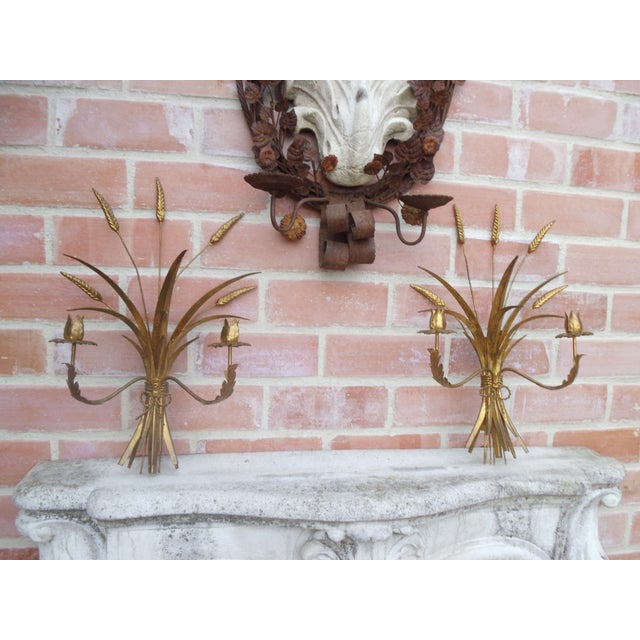 Two gold-plated wall sconces for candles, with an authentic and beautiful patina. Signs of wear are present.