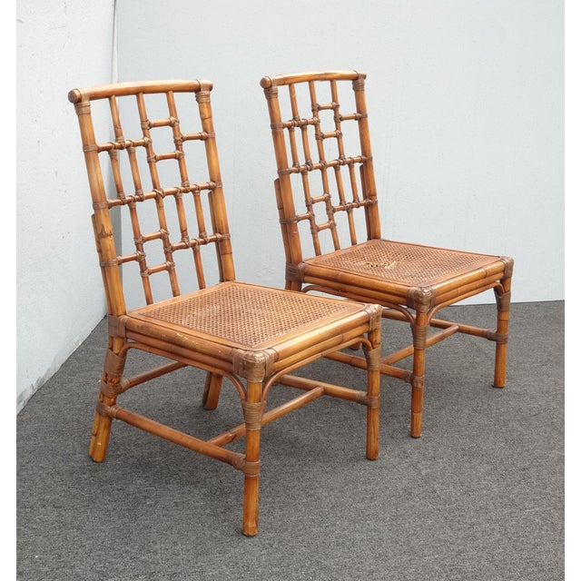 Chinoiserie Pair Vintage Baker Furniture Side Chairs ~ Chinoiserie Bamboo Cane Brown Chairs For Sale - Image 3 of 15