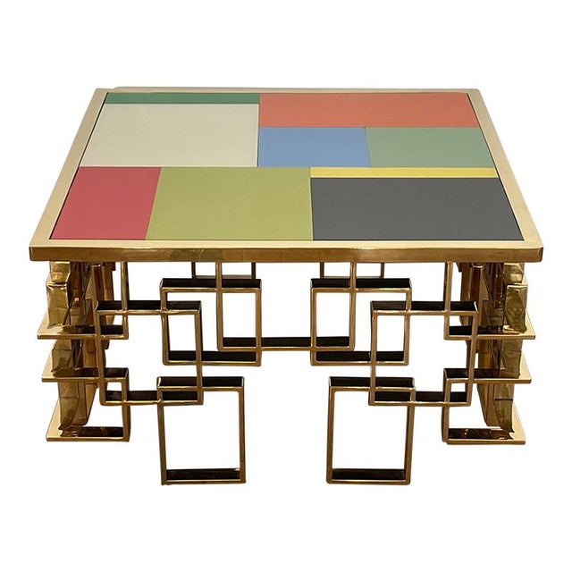 Low Living Room Table in Chrome-Gold Steel and Multicolored Murano Glass Top, 1980s For Sale - Image 6 of 7