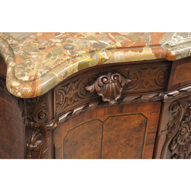 Antique French Louis XV Baroque Burl Walnut Marble Top Commode 5 Drawer Dresser For Sale - Image 12 of 16