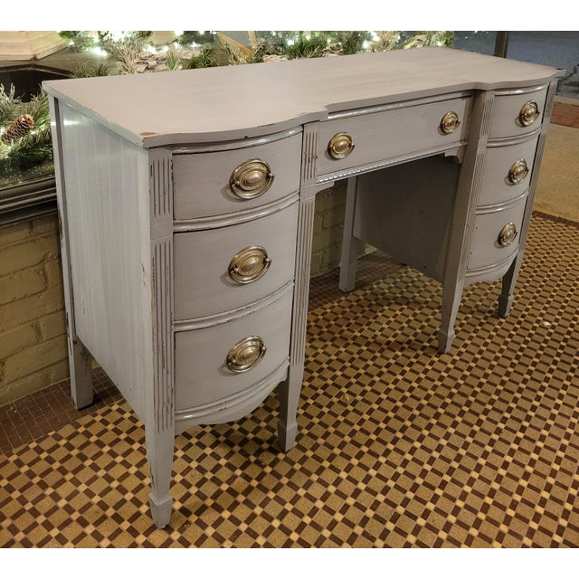 Mid 20th Century Chippendale Mahogany Double Pedestal Writing Desk With Blue-Gray Distressed Finish For Sale - Image 4 of 9