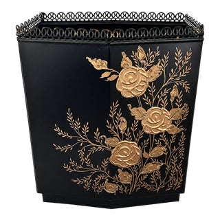 Vintage Wolff Black & Gold Floral Toleware Wastebasket For Sale