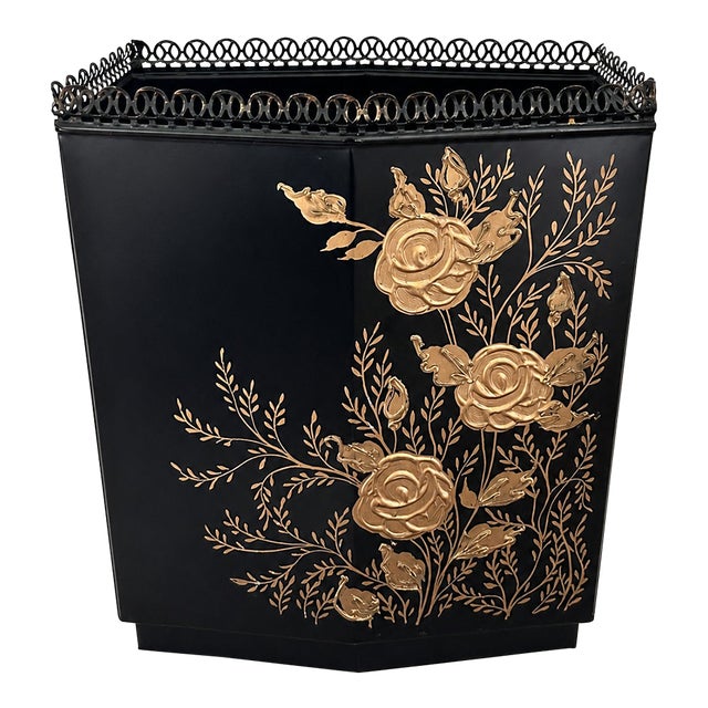 Vintage Wolff Black & Gold Floral Toleware Wastebasket For Sale