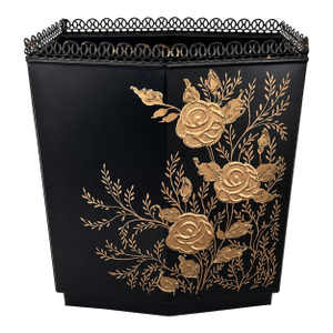 Vintage Wolff Black & Gold Floral Toleware Wastebasket