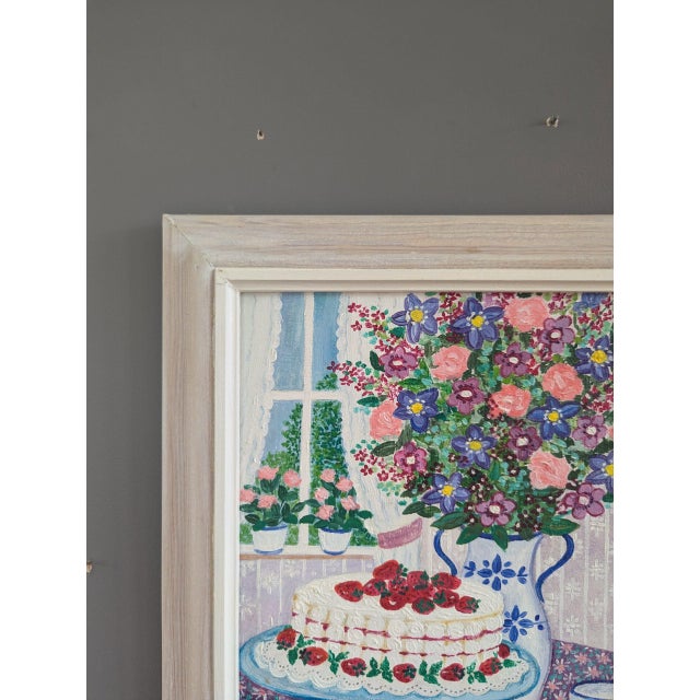 Paint 1991 'Cake & Blooms' Vintage Original Still Life Interior Oil Painting, Framed For Sale - Image 7 of 9