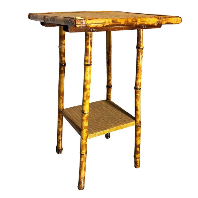 1900 - 1909 Early 20th Century Aesthetic Movement Tiger Tortoise Bamboo Pedestal 2-Tier Side Drink Table For Sale - Image 5 of 5