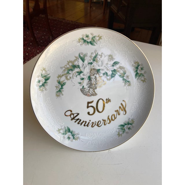 Ceramic Vintage Lefton China " Hand Painted " 50th Anniversary Pedestal Cake Stand For Sale - Image 7 of 7