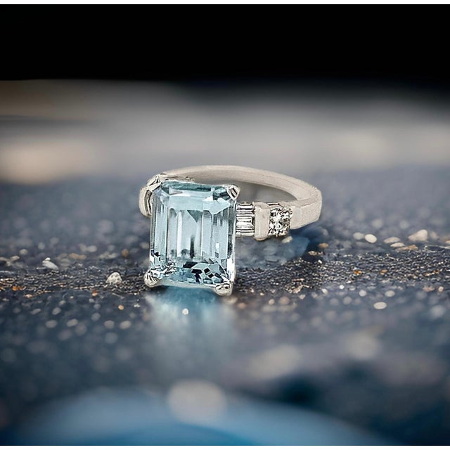 Natural Aquamarine Diamond Ring 6.25 Platinum 5.3 TCW Certified For Sale In New York - Image 6 of 13