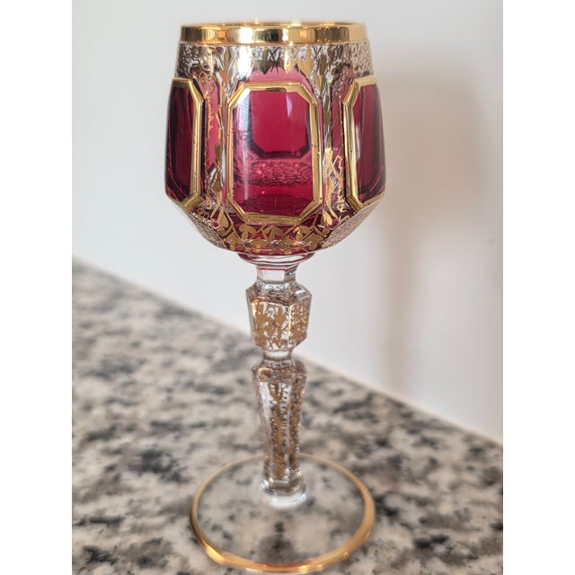 Red Moser Bohemian Cut to Clear Paneled Cranberry Red Gold Gilt Stemmed Cordial Glasses - Set of 8 For Sale - Image 8 of 18