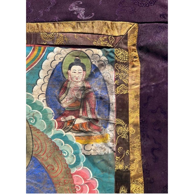 Antique 19th Century Tibetan Manjushri Thangka – Bodhisattva of Wisdom in Custom Silver Gilt Frame For Sale - Image 11 of 18