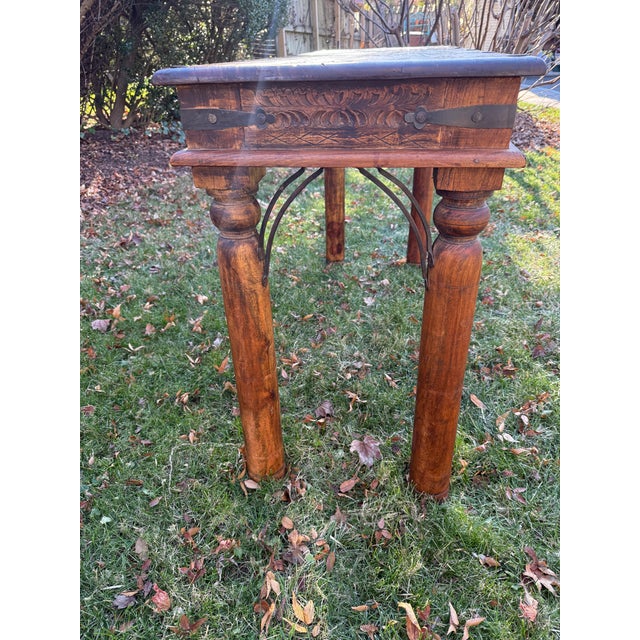 Vintage Indian Carved Wooden Console Table With Nailhead Design and Baluster Legs For Sale - Image 14 of 15
