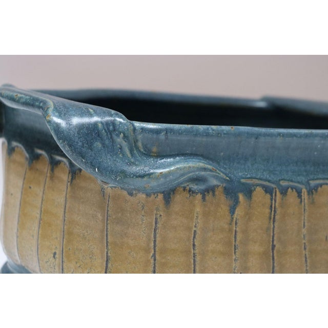 Oblong Vintage Blue and Ochre Studio Pottery Planter Vase by Deanna Nichols For Sale - Image 10 of 18
