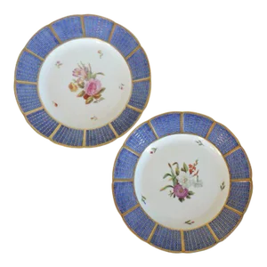 18th Century German Porcelain Botanical Basketweave Plates - A Pair