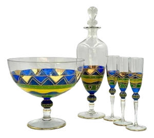Antique Hand Painted Glass Bareware Set and Vase, Germany, 1930s, Set of 5