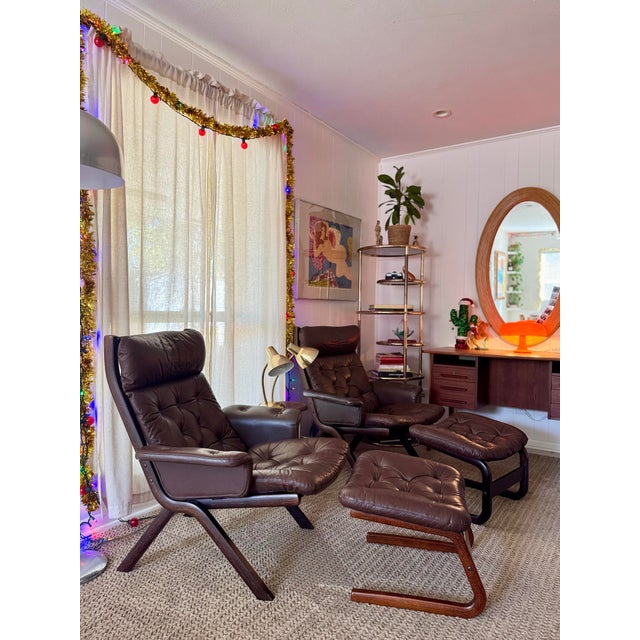 Brown A Beautiful Vintage Danish Norwegian Attributed to Ekornes “Uno” Lounge Chair With Stool in a Brown Leather, Circa 1970s. For Sale - Image 8 of 11