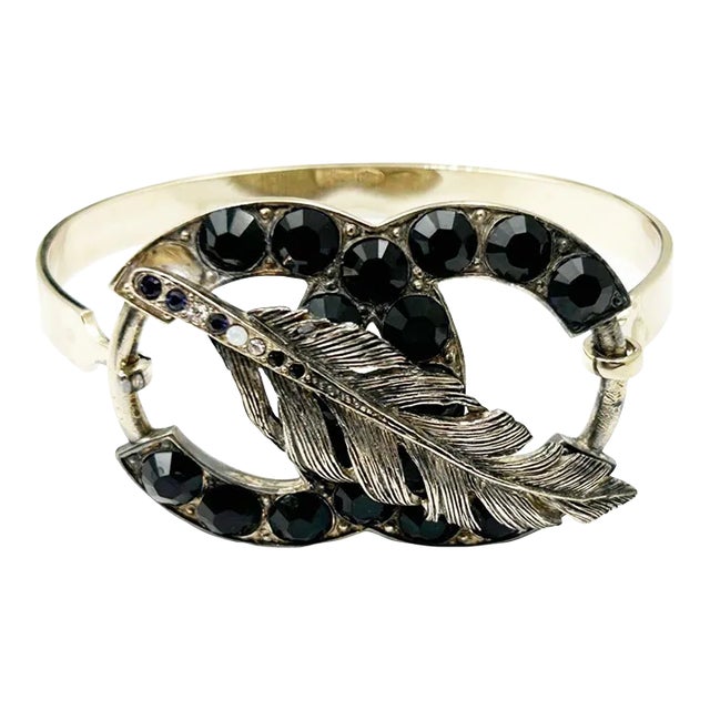 Chanel Silver CC Black Crystal Bangle Cuff Bracelet For Sale