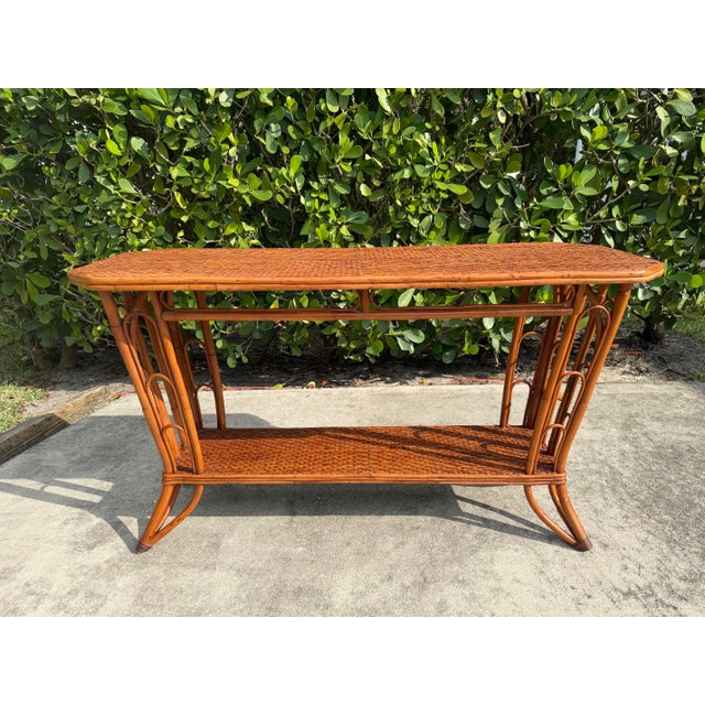 McGuire Vintage Palm Beach Handwoven Natural Rattan Console Table For Sale - Image 4 of 15