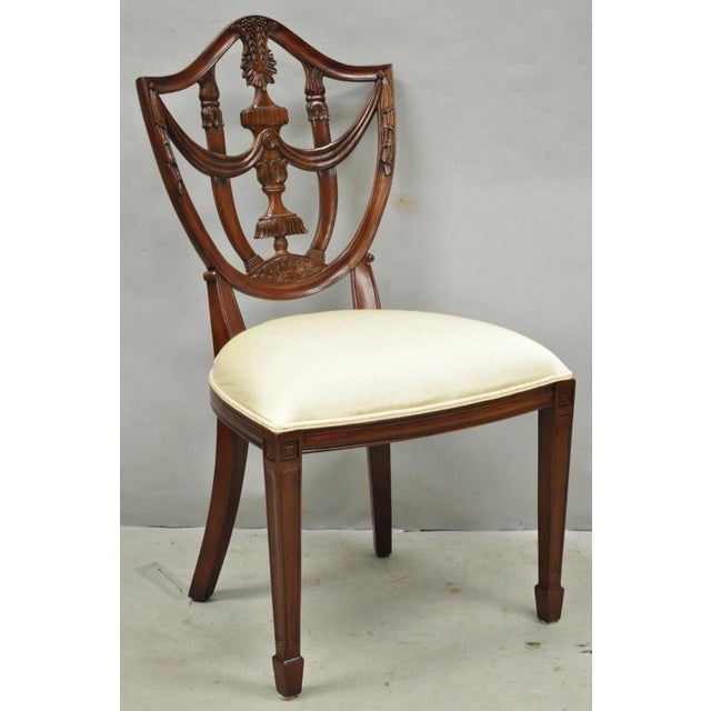 Maitland Smith Marquetry Inlay Leather Mahogany Game Table & 4 Shield Back Chair For Sale - Image 16 of 18