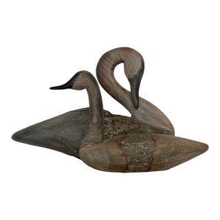 Set of 2 Wood Sculpture Preening Swans Decoy by Artist Chris Boone For Sale