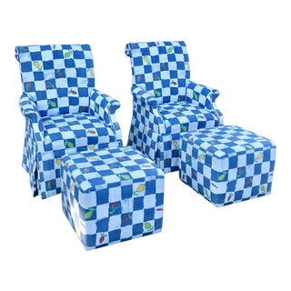 1980s Vintage Blue and White Check Slipper Arm Chair & Ottoman - 4 Pieces For Sale