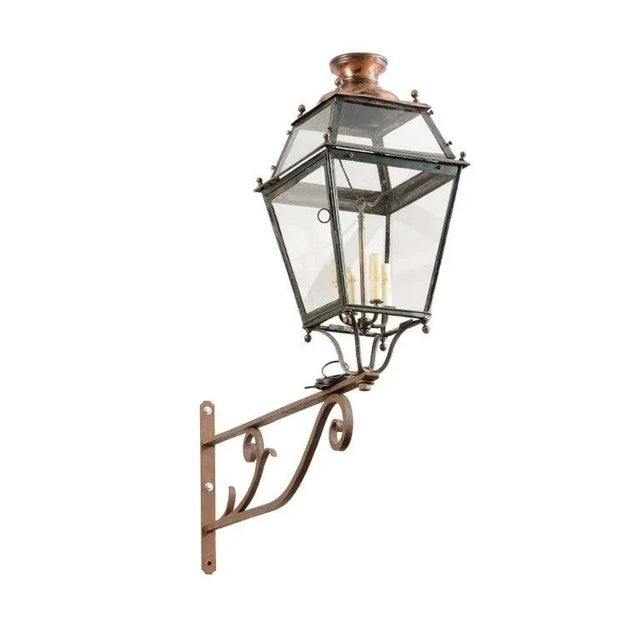1890s French Iron and Copper Wall Lantern with Four Lights and Scrolling Bracket For Sale - Image 11 of 12