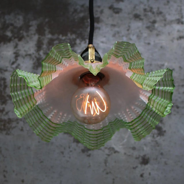 Metal Art Nouveau French Green Frosted Glass Pendant Light, 1920s For Sale - Image 7 of 9